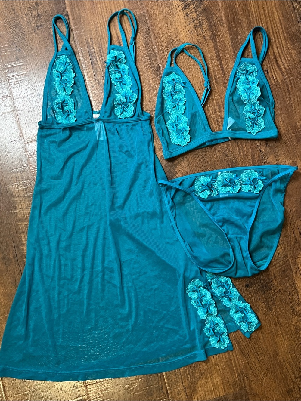 Thalia Sodi Teal Lace-Appliqué Sheer Chemise, Bra and Panty Set